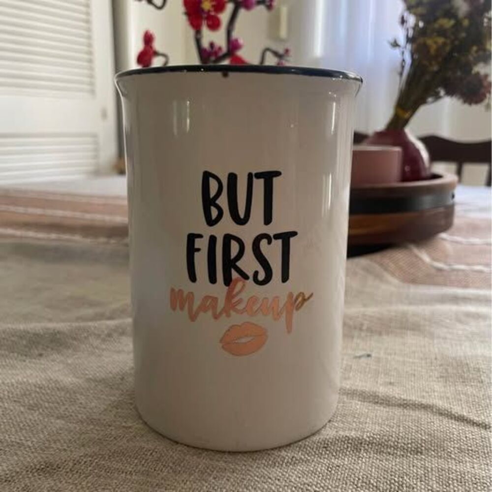 Ceramic "But First Makeup" Organizer Jar for Brushes, White and Black